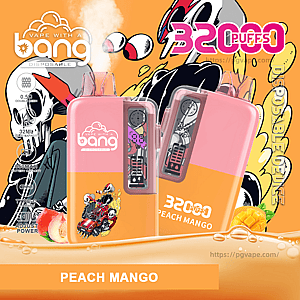 Bright pink-and-orange Bang disposable vape packaging showing two peach-mango devices labeled PEACH MANGO and 3200 PUFFS, with the brand logo, fruit illustrations and a skull-themed cartoon background.