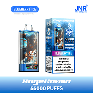 Jednorazowe urządzenie do waporyzacji Blueberry Ice JNR 'RageGorilla' i pasujące niebieskie pudełko wyświetlane obok siebie, przedstawiające grafikę goryla, logo JNR, cyfrowy ekran, odważne oświadczenie '55000 PUFFS' i etykietę ostrzegającą o nikotynie.