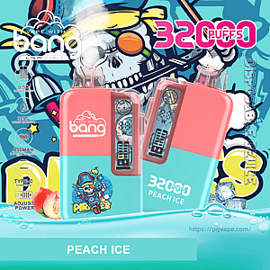 Two coral-and-teal disposable vape devices branded “bang” and labeled Peach Ice — 32,000 puffs — shown against a colorful pirate skull background with peaches, ice cubes and water splashes, one device revealing internal components through a clear window and icons noting 32ml capacity and Type‑C charging.