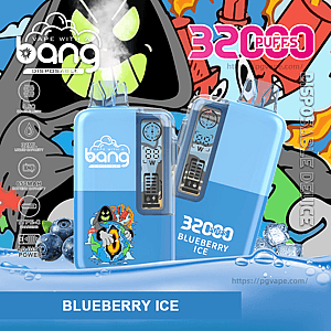 Two light-blue Bang disposable vape devices with clear mouthpieces and digital displays labeled “Blueberry Ice,” shown with blueberries, ice cubes and a colorful graffiti-style background, and the prominent text “32000 puffs.”