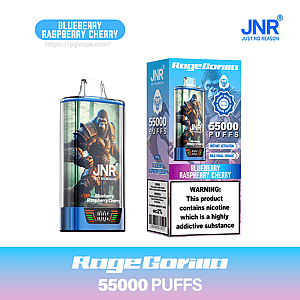 Jednorazowe urządzenie do waporyzacji JNR 'Rage Gorilla' i pasujące pudełko w niebiesko-fioletowym gradiencie przedstawiające ilustrację wojownika goryla, oznaczone etykietą Blueberry Raspberry Cherry i 55 000 zaciągnięć, z logo JNR i ostrzeżeniem o uzależnieniu od nikotyny na opakowaniu.