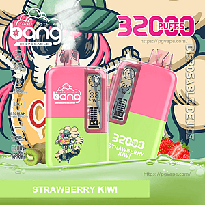 Two pink-and-green disposable vape devices labeled Bang with side digital displays and clear mouthpieces set against a colorful cartoon background with strawberries and kiwi and the text 32000 puffs and Strawberry Kiwi