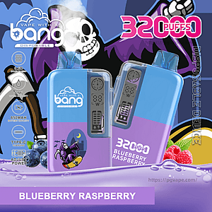 Two pastel blue-and-purple disposable vape devices branded 'bang' with visible digital displays, large pink '32000 puffs' and 'Blueberry Raspberry' flavor text, surrounded by cartoon skull and grim-reaper artwork, blueberries and raspberries, and small icons showing 32 mL e-liquid, 650 mAh battery, Type‑C charging and adjustable power.