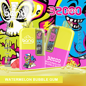 Bright pink-and-yellow Bang disposable vape devices with clear mouthpieces and small digital screens set against a neon pop-art background of grinning skull faces, prominent '3200 puffs' text and 'Watermelon Bubble Gum' flavor label, plus small icons showing specs like 32 mL, 650 mAh and Type-C charging.