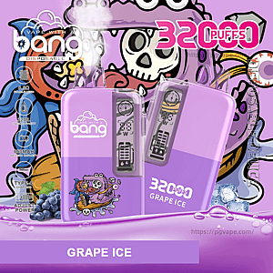 Purple Bang disposable vape packaging featuring two lavender devices with clear mouthpieces in front of a colorful skull-and-sea-creature cartoon backdrop, labeled '32000 puffs' and 'Grape Ice', with grape and ice cube illustrations and small icons indicating 32 mL capacity, 650 mAh battery, Type-C charging and adjustable power.
