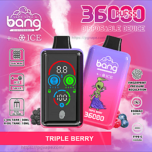 Two gradient pink‑purple Bang disposable vape devices—one with a digital display and fingerprint icon, the other labeled Triple Berry with an alien illustration—against a pink clouded background advertising 36,000 puffs, +ICE cooling, dual oil tanks, dual mesh, fingerprint pressure regulation, 850mAh battery and Type‑C charging.