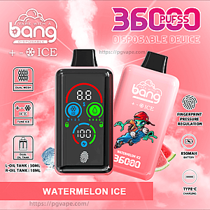 Two watermelon-ice disposable vape devices on a pink background—one glossy black showing a colorful digital LED screen with puff and setting indicators, and one pink with 'Bang' branding and a skateboarder illustration—surrounded by labels for 36000 puffs, fingerprint pressure regulation, 850mAh battery, Type-C charging, dual oil tanks (L 30ml / R 10ml), and a website URL.