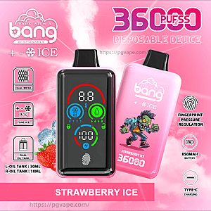 Advertisement showing two ‘Bang’ disposable vape devices on a pink background — a black front-facing unit with a colorful digital display and fingerprint icon, and a pink unit with a zombie illustration; labeled “36000 puffs” and “Strawberry Ice” with accompanying icons for dual mesh, ICE tuning, dual oil tanks (L 30 mL / R 10 mL), fingerprint pressure regulation, 850 mAh battery, and Type-C charging.