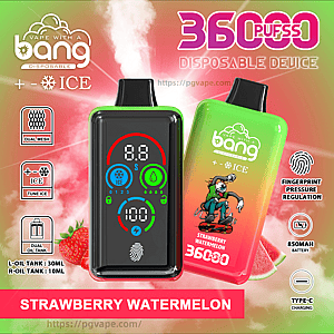 Colorful product poster showing two Bang disposable vape devices—one with a digital screen and one green-to-pink gradient—labeled 