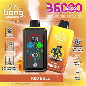 Two Bang disposable vape devices—one black with a colorful digital display and one yellow branded 'Red Bull'—set against an orange background with large '36000 puffs' text and icons indicating ICE cooling, fingerprint pressure regulation, dual oil tanks (L 30ml, R 10 ml), 850mAh battery, dual mesh, tune ICE, and Type-C charging.