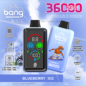 Promotional poster for the Bang disposable vape in Blueberry Ice showing two devices—a black front unit with a colorful digital display and a light-blue back unit with a skateboarding blueberry character—surrounded by icons and text advertising 36,000 puffs, dual mesh and dual oil tanks (L 30ml / R 10ml), ICE tuning, fingerprint pressure regulation, 850mAh battery and Type‑C charging.