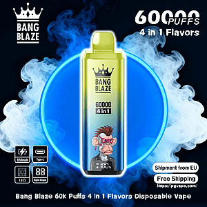Bright green-yellow Bang Blaze disposable vape centered against a glowing blue circle and billowing white smoke, displaying a crown logo, '60000 4 in 1' text and a cartoon monkey graphic, with small icons for 650 mAh, Type‑C, 1.0Ω and a digital display and a 'Free Shipping' label.