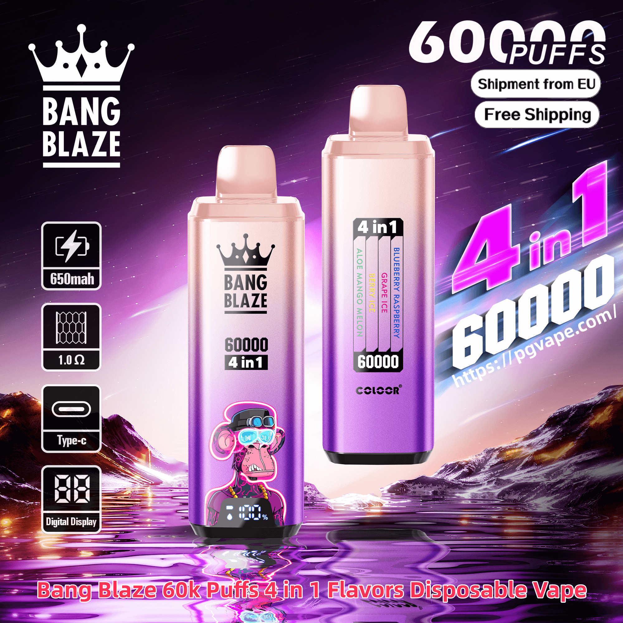 Two metallic pink‑purple Bang Blaze disposable vape devices displayed against a neon cosmic mountain background, featuring a crown logo and cartoon monkey graphic, prominent “60000 4 in 1” and “60k puffs” promotional text, and icons indicating 650mAh battery, 1.0Ω resistance, Type‑C charging and a digital display.