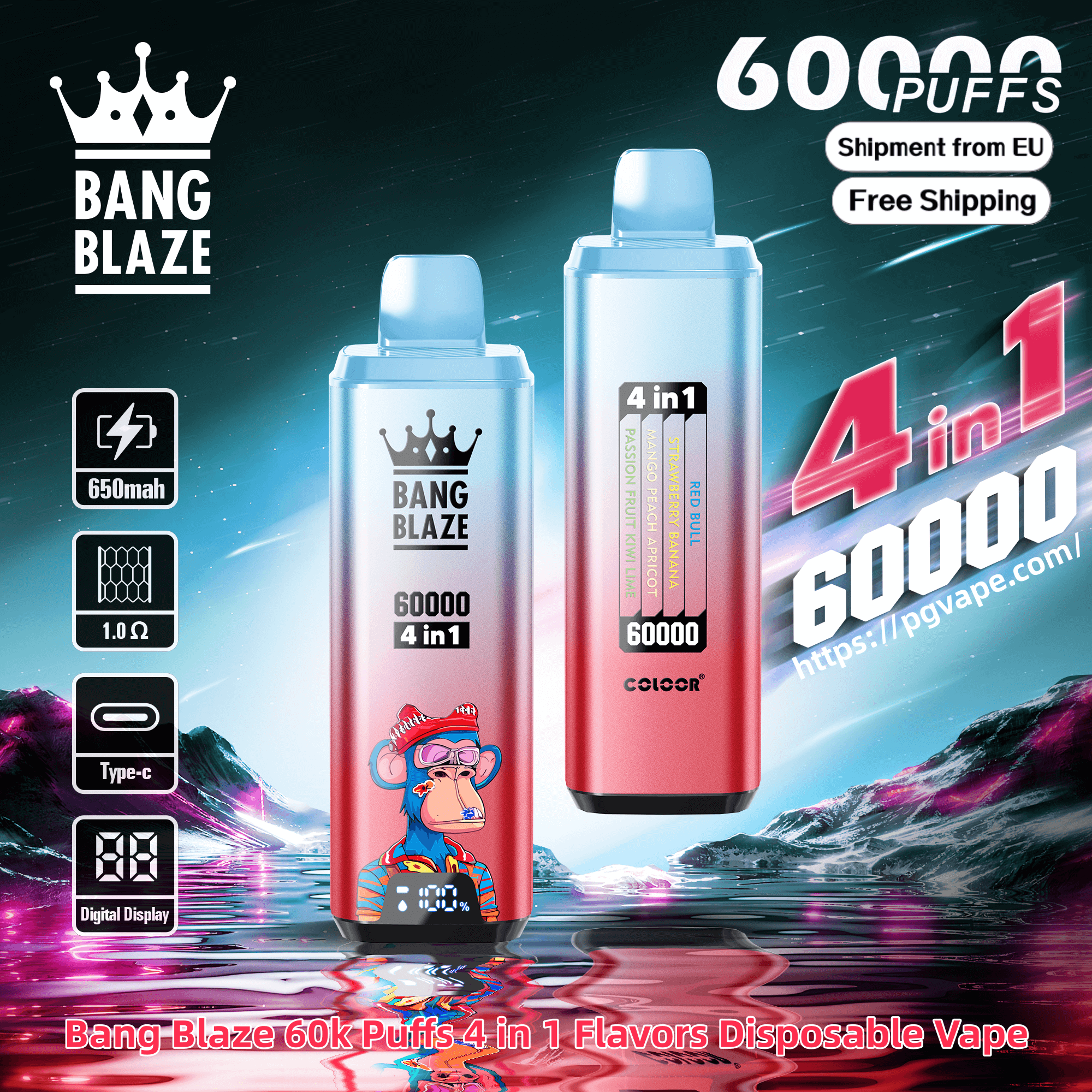 Two tall rectangular gradient pink-to-blue Bang Blaze disposable vapes—one showing a cartoon monkey and digital display, the other showing flavor indicators—surrounded by large '60000 puffs' and '4 in 1' branding, feature icons for 650mAh, 1.0Ω, Type-C and digital display, and small 'Shipment from EU' and 'Free Shipping' badges against a neon mountain-and-water background.
