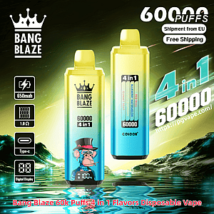 Two gradient yellow-to-blue Bang Blaze disposable vape devices labeled