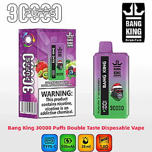 Purple-to-green Bang King disposable vape device and matching boxed packaging on a white background, featuring a gorilla wearing a Santa hat, pictured fruit (strawberry, kiwi, apple, raspberry), a prominent nicotine warning label, and icons for Type‑C charging, 550mAh, 36ml capacity, 1.0Ω mesh coil and 30,000 puffs.