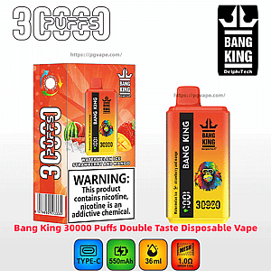 Bright orange gradient Bang King disposable vape next to its boxed packaging marked 30000 puffs, featuring a colorful monkey logo, flavor label 'Watermelon Ice Strawberry and Mango,' a large nicotine warning, and icons for Type-C charging, 550mAh, 36ml capacity and 1.0Ω mesh coil.