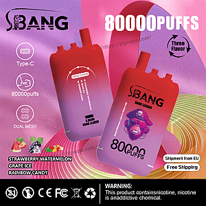 Advertisement featuring two red-to-purple gradient S.BANG disposable vape devices with large '80000 PUFFS' text, Type‑C and dual‑mesh icons, 'Triple Flavor' label and flavor names Strawberry Watermelon, Grape Ice and Rainbow Candy, plus shipping and nicotine warning labels on a pink and purple textured background.
