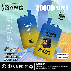 Advertisement showing two S.BANG Bang Leader disposable vape devices in a blue-to-yellow gradient with a cartoon monkey wearing a cap logo, prominent '80000 PUFFS' text, Type-C and dual-mesh icons, flavor names Blueberry Ice, Black Dragon Ice and Mango Peach, shipping badges and a nicotine-warning label on a colorful abstract background.