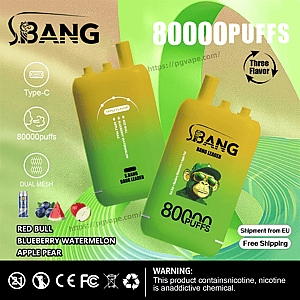 Promotional image of two green-to-yellow disposable vape devices branded S.BANG/BANG LEADER on a green abstract background, highlighting '80000 PUFFS', Type-C charging and dual mesh icons, 'triple flavor' options with small Red Bull, blueberry, watermelon and apple-pear illustrations, shipment from EU and free shipping badges, compliance and age icons, and a nicotine-addiction warning.