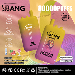 Two yellow-to-pink gradient S.BANG disposable vape devices prominently labeled 80000PUFFS against a colorful textured background, with icons for Type‑C charging, dual mesh, and three flavors (Red Bull, watermelon bubble candy, strawberry ice cream), plus text noting shipment from EU, free shipping, and an addiction warning.