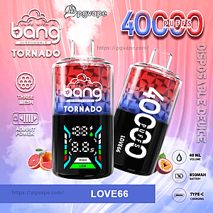 Two red-and-blue gradient Bang Tornado disposable vape devices labeled LOVE66 with a digital power display, a prominent 