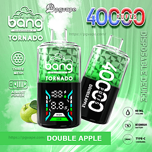 Two green-and-black Bang Tornado disposable vape devices labeled Double Apple with a digital power display, shown with apples and vapor on a green background alongside text advertising 4000 puffs, 40 ml capacity, 850 mAh battery, adjustable power and Type-C charging.