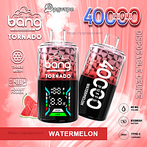 Two glossy pink-red Bang Tornado disposable vape devices marked Watermelon and 400 puffs—one upright showing a digital power/display and the other tilted—set against a pink background with watermelon slices and icons for three-mesh coils, adjustable power, 40 mL, 850 mAh battery and Type-C charging.
