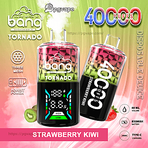 Two strawberry-kiwi gradient Bang Tornado disposable vape devices, one upright displaying a digital power screen and the other tilted, branded 4000 puffs, with icons for three-mesh, adjustable power, 40 mL, 850 mAh battery and Type-C charging.
