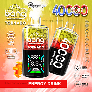 Colorful advertisement for Bang Disposable Tornado vape showing two pod-style devices—one upright with a digital display and one tilted—labeled Energy Drink and 40,000 puffs, with icons for three-mesh coil, adjustable power, 40 mL volume, 850 mAh battery and Type-C charging on a yellow-to-red gradient background.