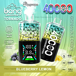 Advertisement showing two metallic turquoise-and-gold Bang Tornado disposable vape devices—one upright with a digital display and one tilted showing 