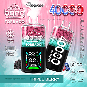 Two pink-and-teal gradient Bang Tornado disposable vape devices—one upright showing a lit digital power display and one tilted showing 4000 puffs and TRIPLE BERRY branding—set against a pink smoky background with icons for three-mesh coils, adjustable power, 40 ml volume, 850 mAh battery and Type-C charging.