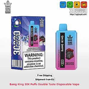 Bang King 30K Puffs double-taste disposable vape and matching retail box, showing a blue-to-pink device with gorilla logo and 'BANG KING' label, the box displaying the nicotine warning and flavor 'Blueberry Ice / Black Dragon Ice', plus small technical icons and 'Free Shipping' note.