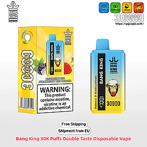 Yellow-and-blue Bang King 30K Puffs double-taste disposable vape next to its matching box, featuring blueberry ice, strawberry and banana flavor illustrations, a monkey logo, technical icons, and a prominent nicotine warning label.