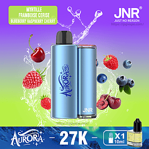 Due dispositivi di vaporizzazione Aurora JNR di colore azzurro metallizzato centrati su una sfumatura dal viola al verde con spruzzi d'acqua e mirtilli, lamponi e ciliegie galleggianti, marchiati 