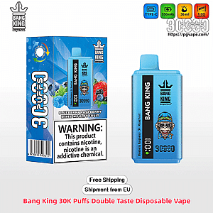 Blue Bang King disposable vape and matching box set against a white background, showing the sky‑blue device with BANG KING branding and cartoon head, box artwork with blueberries and raspberries, a prominent WARNING: This product contains nicotine label, a 30K puffs badge, small icons for Type‑C charging, 550mAh battery and 36ml e‑liquid, and 'Free Shipping' / EU shipment notices.