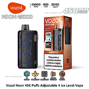 Vozol Neon 45000 Cherry Cola disposable vape and packaging featuring a black device with electric-blue vein pattern, labeled 45K puffs, 800 mAh, adjustable 4 ice levels and nicotine options, and a nicotine addiction warning.