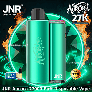 Twee groenblauw JNR Aurora wegwerpvape-apparaten – één met het Aurora-logo en mondstuk, de andere dun met JNR-branding – op de voorgrond op een gloeiende cirkelvormige neonachtergrond met vlammen en prominente teksten 'Aurora 27K' en 'JNR Just No Reason', plus een klein e-liquid-pictogram van 10 ml en een TPD-gecertificeerde badge.