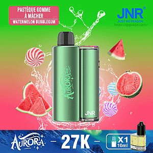 Green metallic Aurora JNR disposable vape device centered on a pink-to-green gradient background with watermelon slices and striped bubblegum candies, labeled Watermelon Bubblegum and showing Aurora, JNR and 27K branding with a small 10ml e-liquid bottle icon.