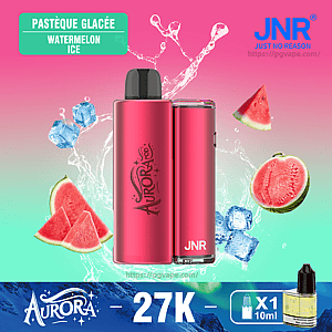 Two metallic pink Aurora/JNR vape devices centered against a pink-to-teal background with splashing water, ice cubes and watermelon slices, labeled 
