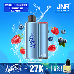 Two metallic light-blue Aurora JNR pod devices centered on a bright blue background with splashing water and floating blueberries and raspberries, labeled 