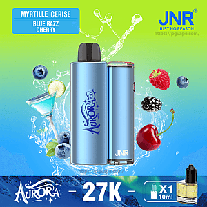 Blue metallic Aurora JNR vape device centered against a green-to-blue gradient with splashing water, surrounding fruits (blueberries, cherry, raspberry, blackberry) and a blue cocktail, top-left label reading 'MYRTILLE CERISE BLUE RAZZ CHERRY', JNR logo top-right and a '27K' banner with a 'X1 10ml' bottle icon at the bottom.