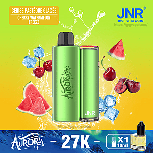 Two metallic lime-green Aurora disposable vapes centered against a lime-to-orange gradient with splashing water, ice cubes, cherries and watermelon slices, labeled 