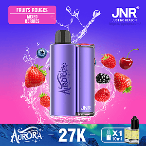 Two metallic purple Aurora JNR vape devices centered on a pink-to-violet gradient with water splashes and mixed berries (strawberry, raspberry, blackberry, blueberry, cherry), a 'Fruits Rouges / Mixed Berries' label at the top, large '27K' at the bottom and a small 10 ml e-liquid bottle icon.