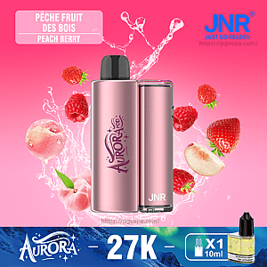 Pink metallic Aurora JNR vape device centered on a pink background with splashing peaches, strawberries and raspberries, labeled Peach Berry flavor and showing the JNR logo, '27K' and 'X1 10ml' indicators.