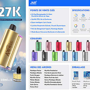 Promotional poster for the JNR Aurora 27K vape showing three metallic pod devices (blue, rainbow and gold) arranged diagonally, a small 10ml e‑liquid bottle, large “27K” and “Environ 27 000 Bouffées” labels, and a right-side panel in French detailing specifications, color variants, flavor menu and packaging options.