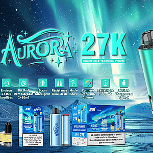 Promotional banner for JNR's Aurora 27K showing teal and blue vape devices, replacement pods and boxed packaging in the foreground, large stylized 'AURORA 27K' lettering and feature icons against an aurora-filled night-sky background.