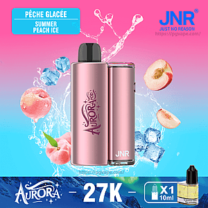 Pink metallic Aurora JNR vape device centered on a pink-to-blue gradient background with splashing water, ice cubes and peach halves, labeled 