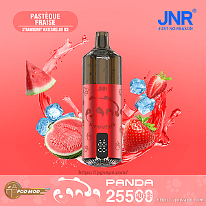Red JNR Panda disposable vape device centered on a pink gradient background with splashing watermelon and strawberry slices and ice cubes, labeled “Pastèque Fraise Strawberry Watermelon Ice” and “PANDA 25500 PUFFS”.