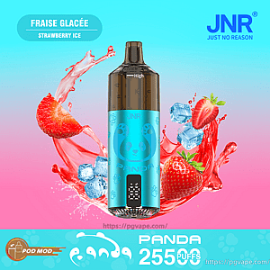 Cyan metallic Panda JNR pod mod vape device centered against a pink-to-blue gradient background with splashes of strawberry juice, whole and halved strawberries and ice cubes, labeled “Fraise Glacée Strawberry Ice” and “PANDA 25500 PUFFS.”
